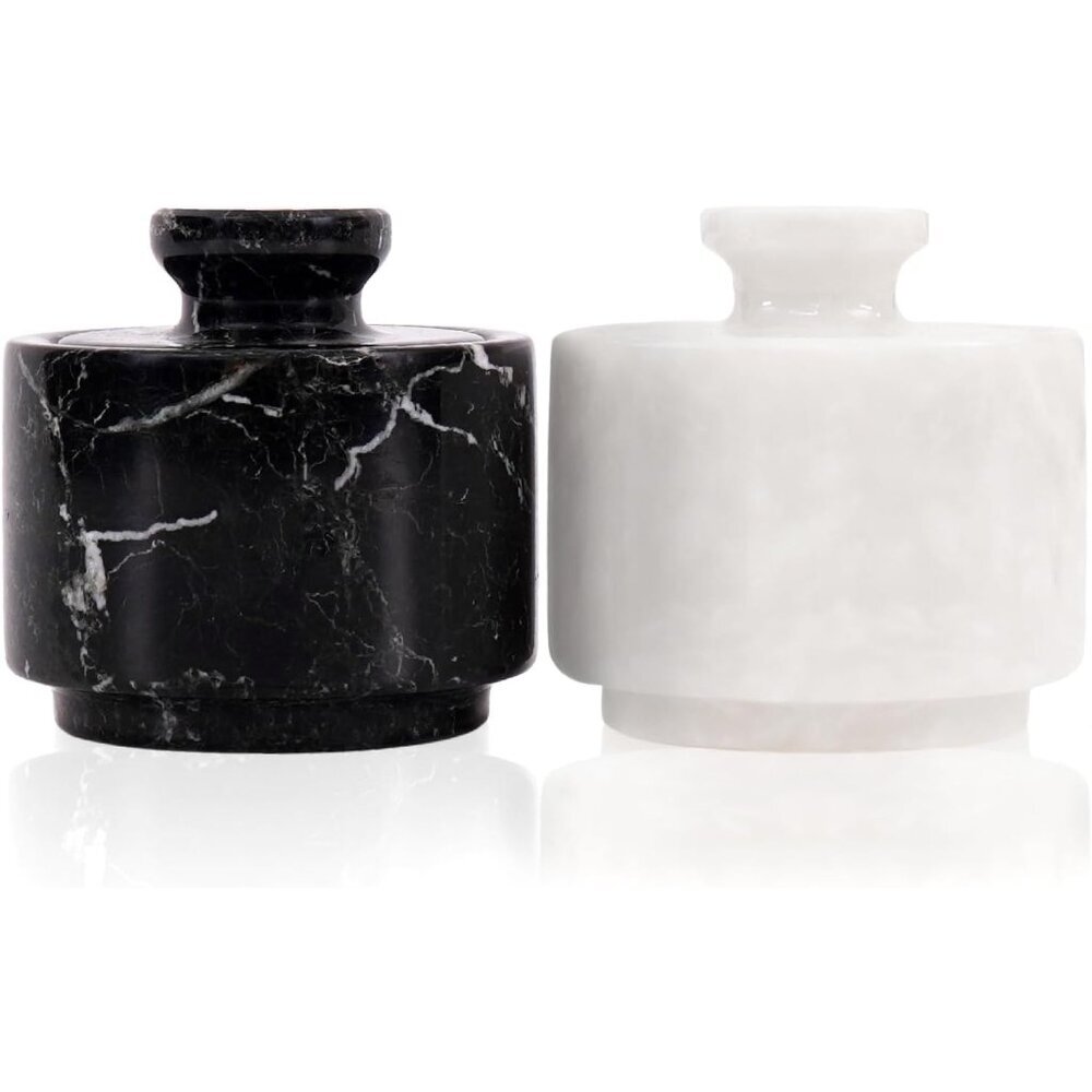 Marble Salt Cellar with Lid 3" White and Black Zebra Spice Jar For kitchen Count